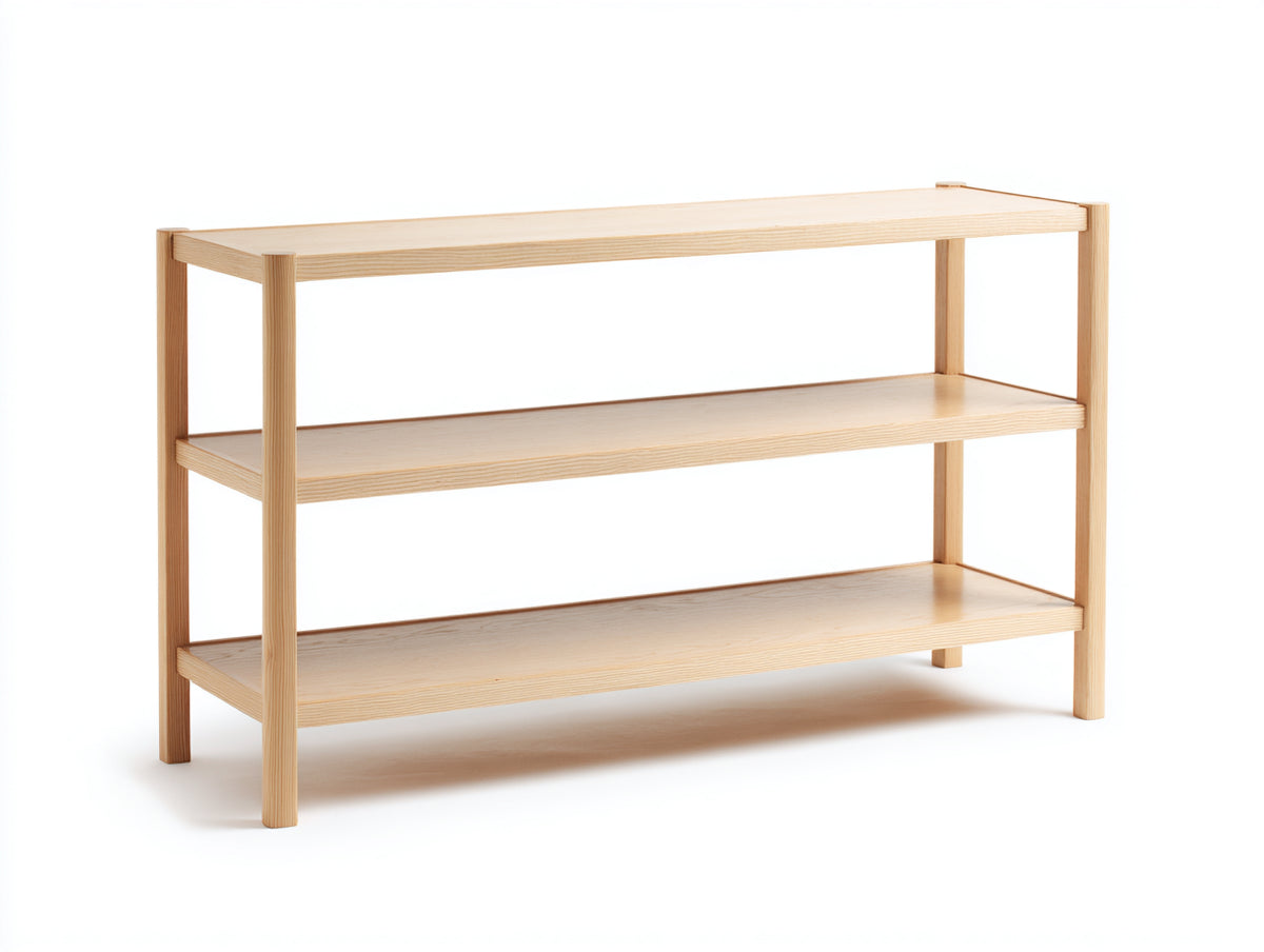 Console en bois clair 150×35×85 cm - chêne clair avec trois niveaux ouverts pour chambre à coucher
