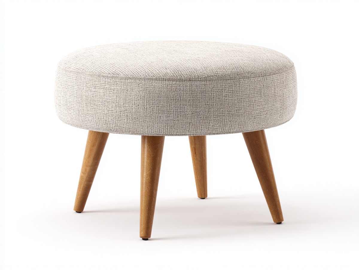 Tabouret rond 65×65×43 cm - tissu crème et bois clair - assise d'appoint pour chambre à coucher