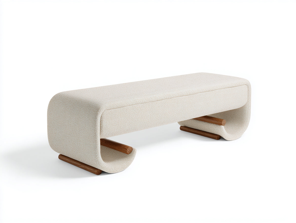 Tabouret long 140×45×48 cm - tissu crème et bois brun - côtés enroulés avec rangement pour chambre à coucher