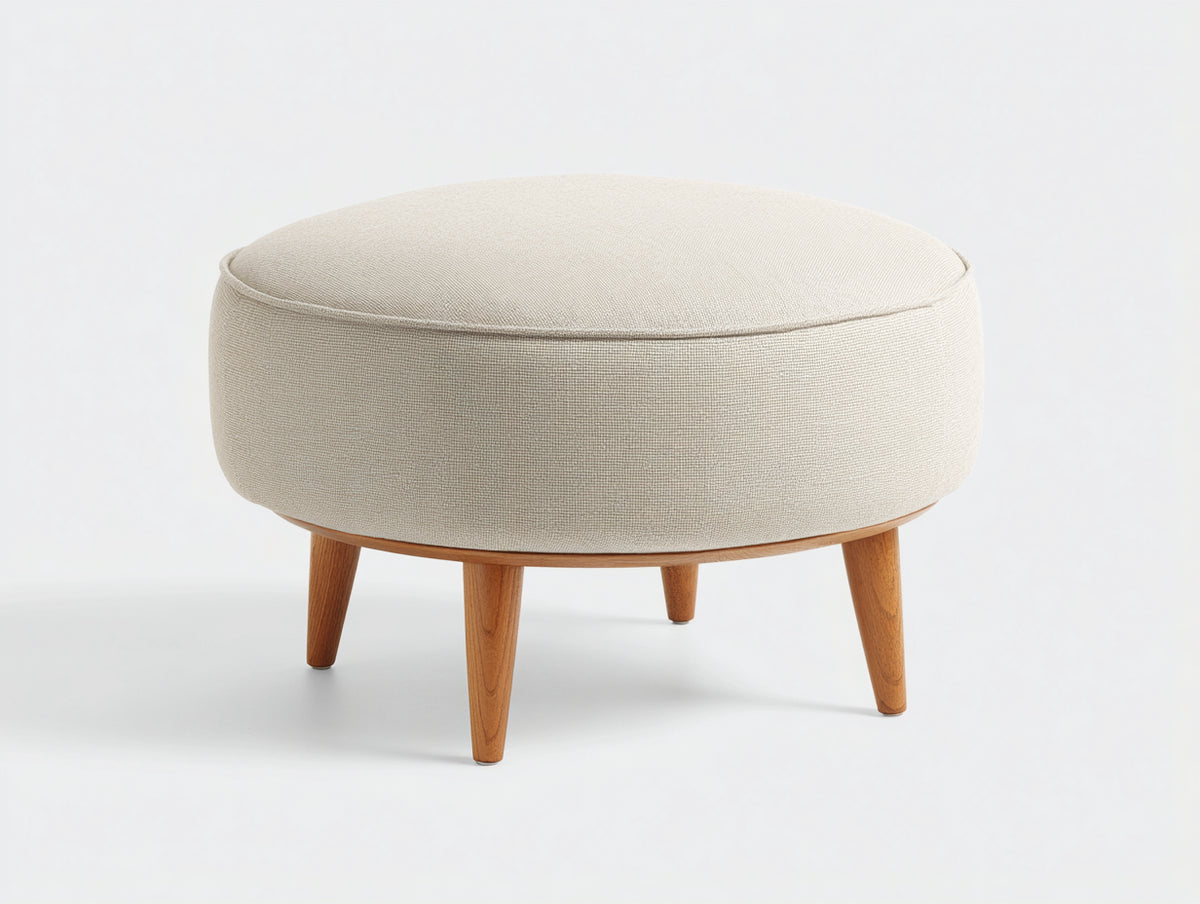 Tabouret rond rembourré en tissu 78×78×45 cm - écru avec pieds en bois naturel et style doux pour chambre à coucher
