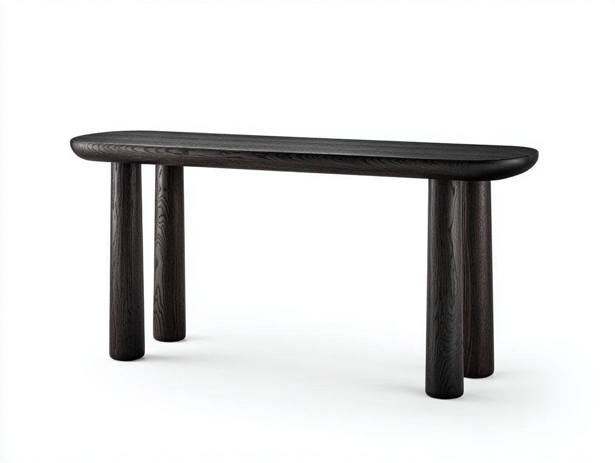 Console en chêne noir 150×38×78 cm - plateau arrondi et pieds cylindriques pour chambre