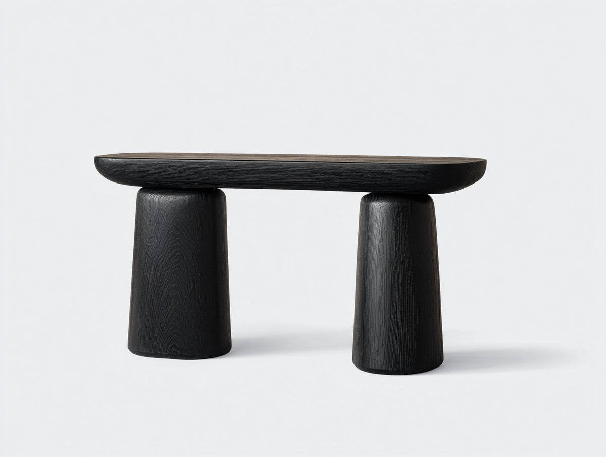 Console en bois noir 160×42×78 cm - noir avec plateau arrondi et deux pieds massifs pour chambre à coucher