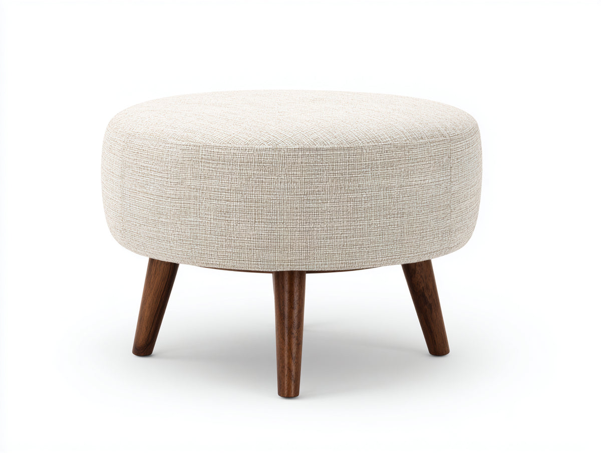 Tabouret rembourré 58×50×43 cm - tissu beige chiné et pieds en bois brun - forme ovale pour chambre à coucher