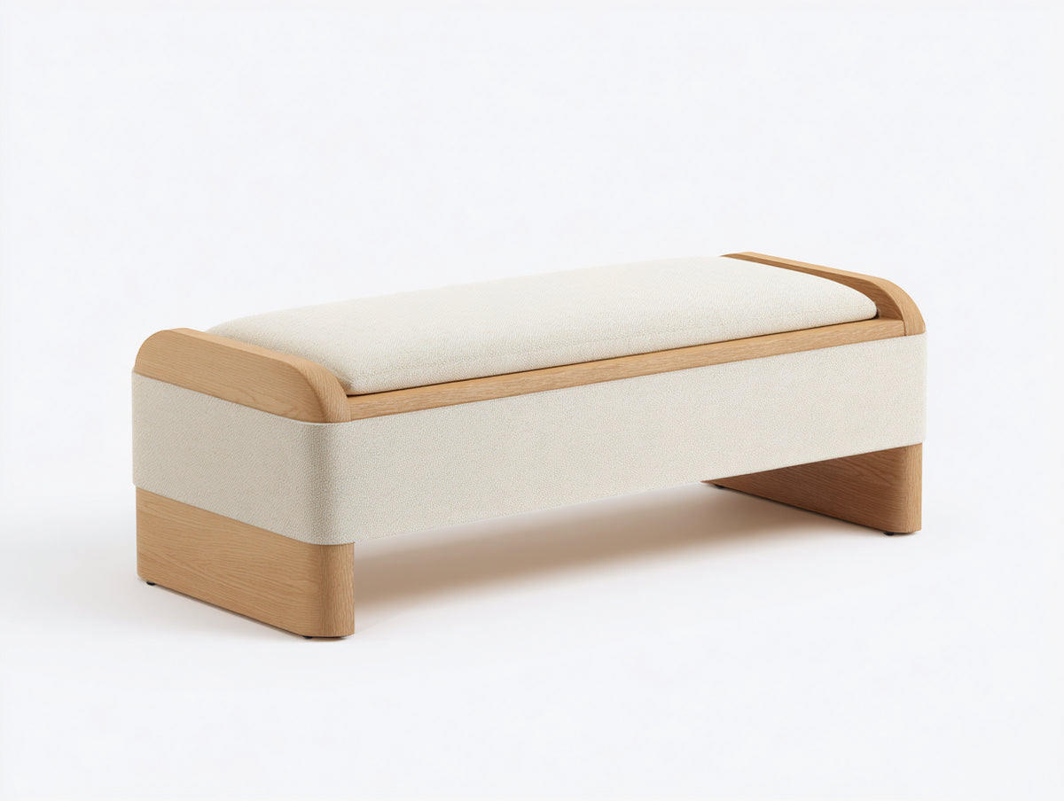 Tabouret banquette en tissu 140×48×46 cm - écru et bois naturel avec assise rembourrée pour chambre à coucher