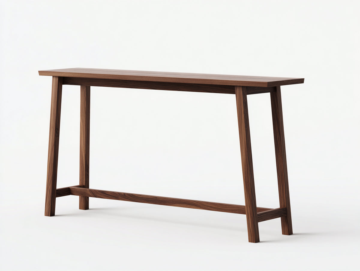 Console en noyer 150×38×78 cm - bois brun et traverse basse - silhouette épurée pour chambre