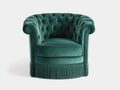 Fauteuil capitonné 105×93×82 cm - velours vert foncé - accoudoirs roulés et franges pour salon
