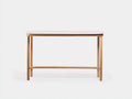 Console en chêne 120×35×80 cm - plateau en verre blanc et traverse basse - style léger pour chambre