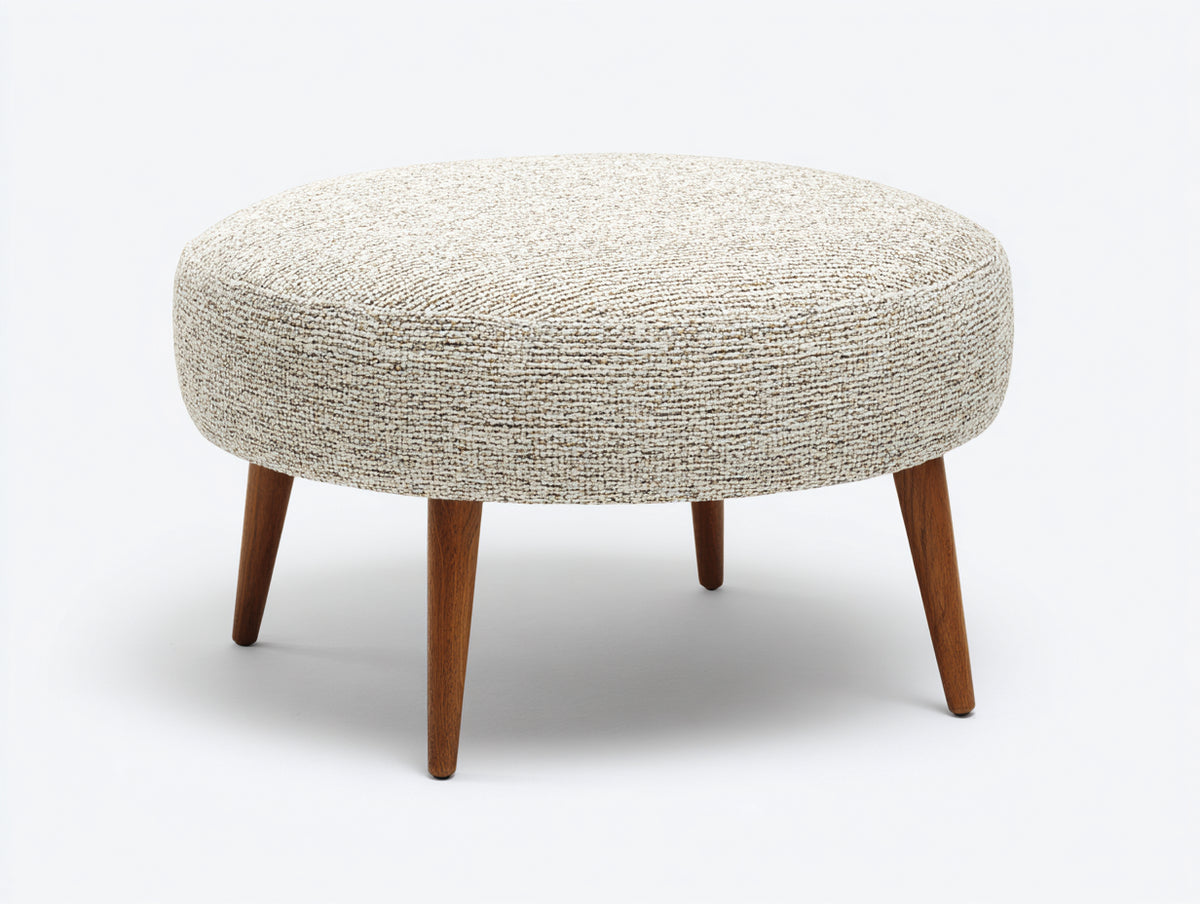 Tabouret rond rembourré 72×72×45 cm - tissu écru et brun foncé - pieds inclinés rétro pour chambre à coucher