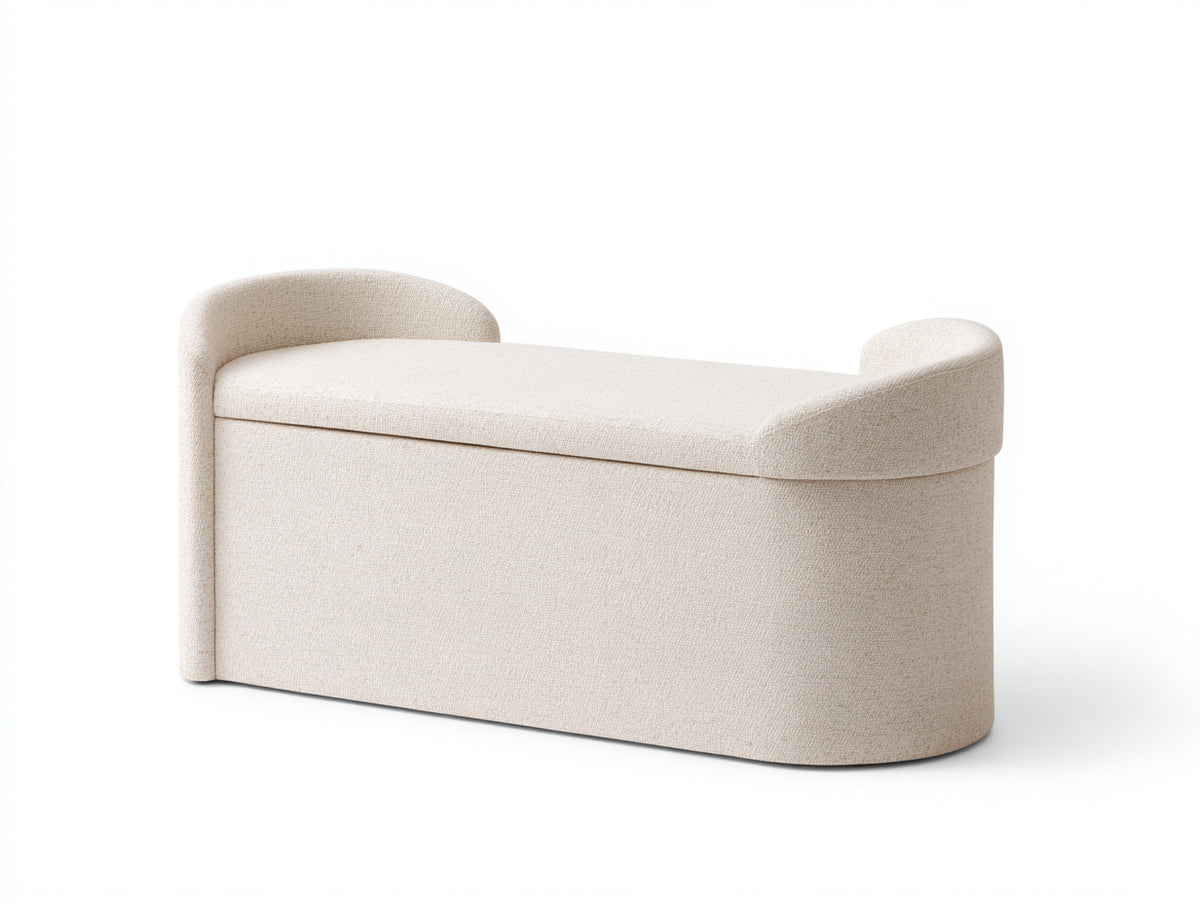 Tabouret coffre 118×45×58 cm - tissu beige clair - assise longue avec accoudoirs arrondis pour chambre à coucher