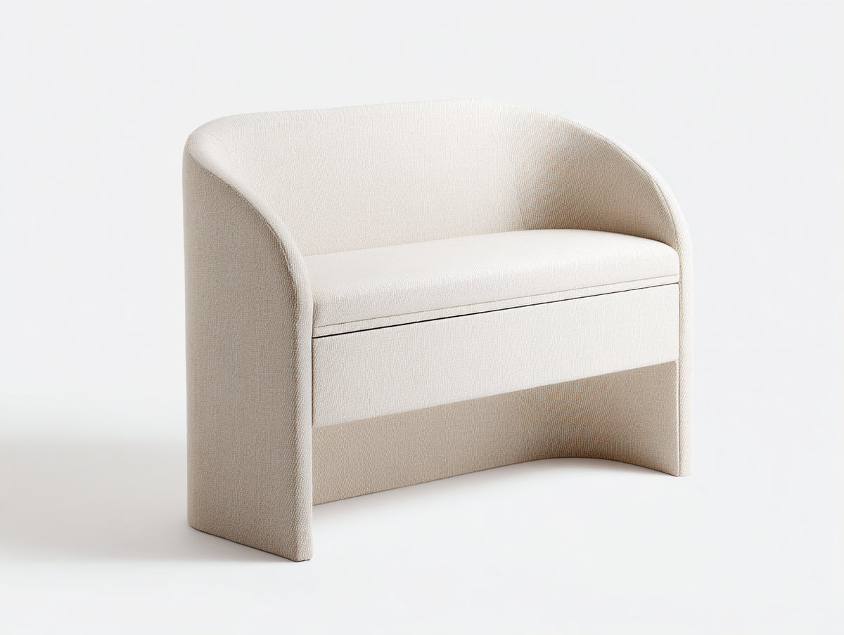 Tabouret coffre 78×48×70 cm - tissu écru - dossier courbe et rangement intégré pour chambre à coucher
