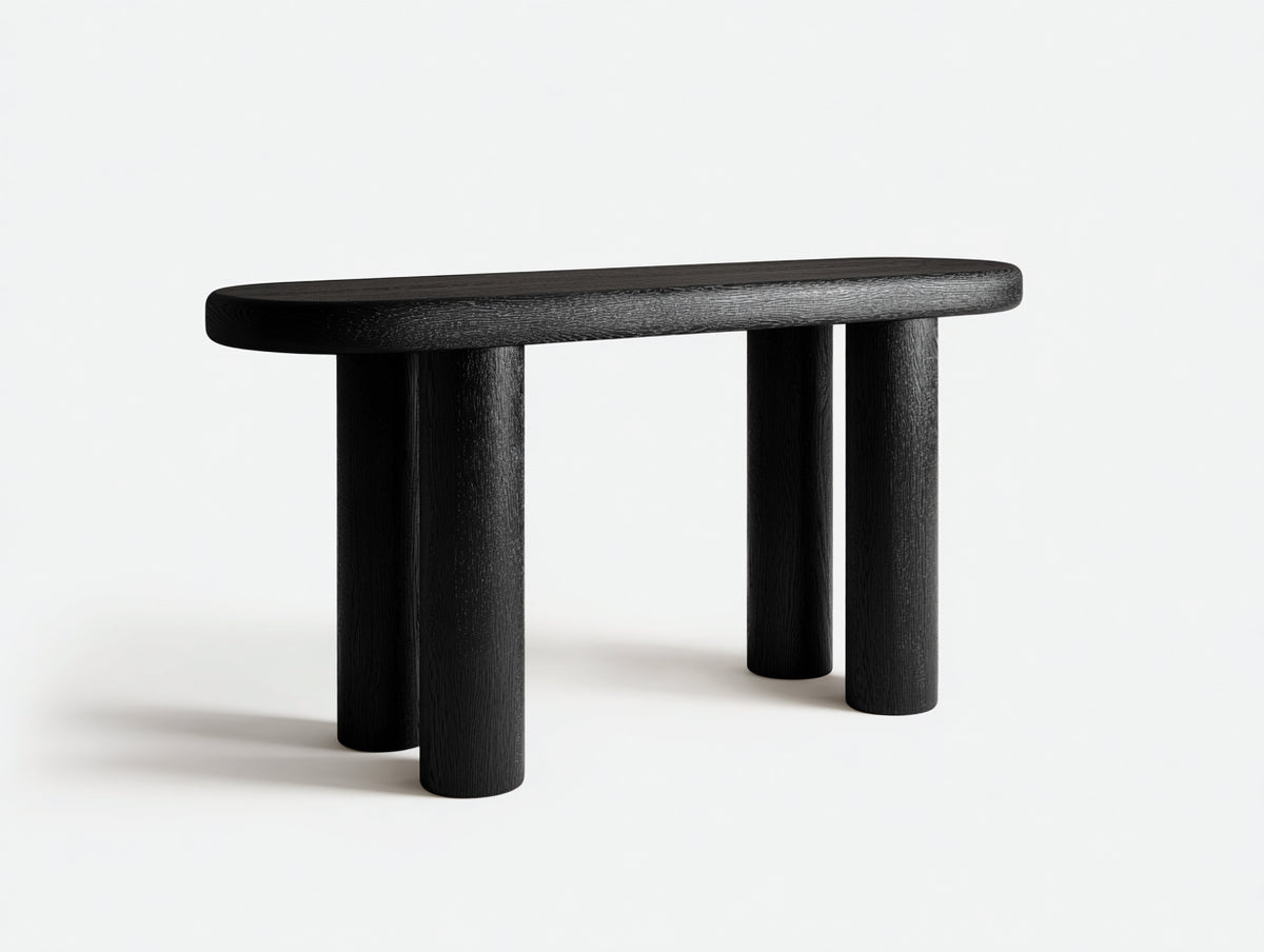 Console 142×38×78 cm - chêne noir - plateau oblong et pieds cylindriques pour chambre à coucher